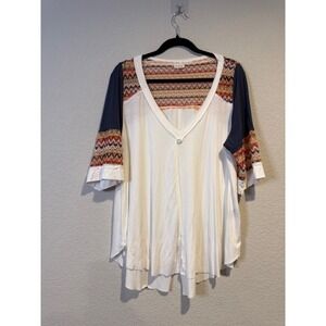 POL Clothing Boho Mixed Media Crochet V-Neck Top White Navy Medium BWT624 2222